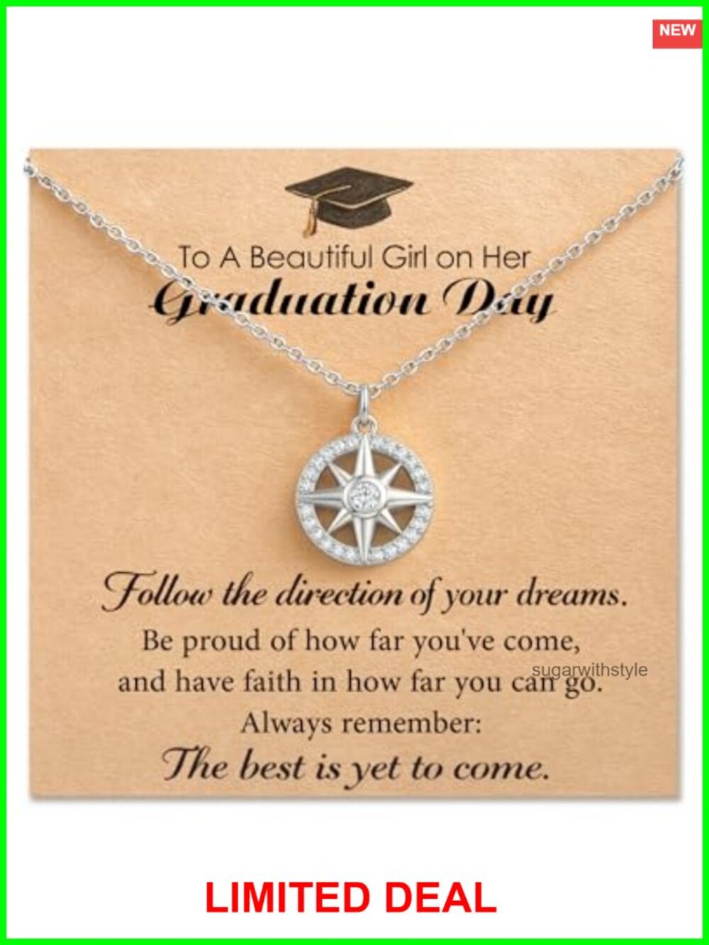 Graduation Gift Compass Necklace Silver Plated Cubic Zirconia North Star Pendant